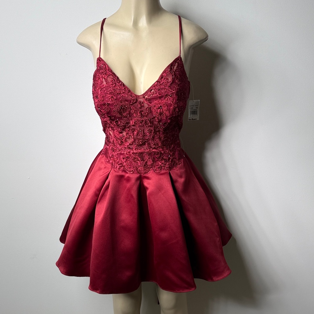 Blondie Nites Wine Red Embroidered Lace Bodice Spaghetti Strap Mini Dress